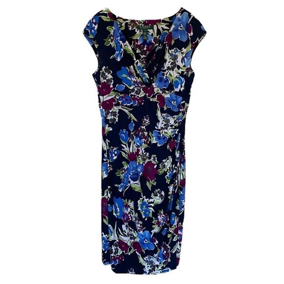 Lauren Ralph Lauren Floral Print V-Neck Faux Wrap Stretch Midi Dress Size 8 - Picture 1 of 5